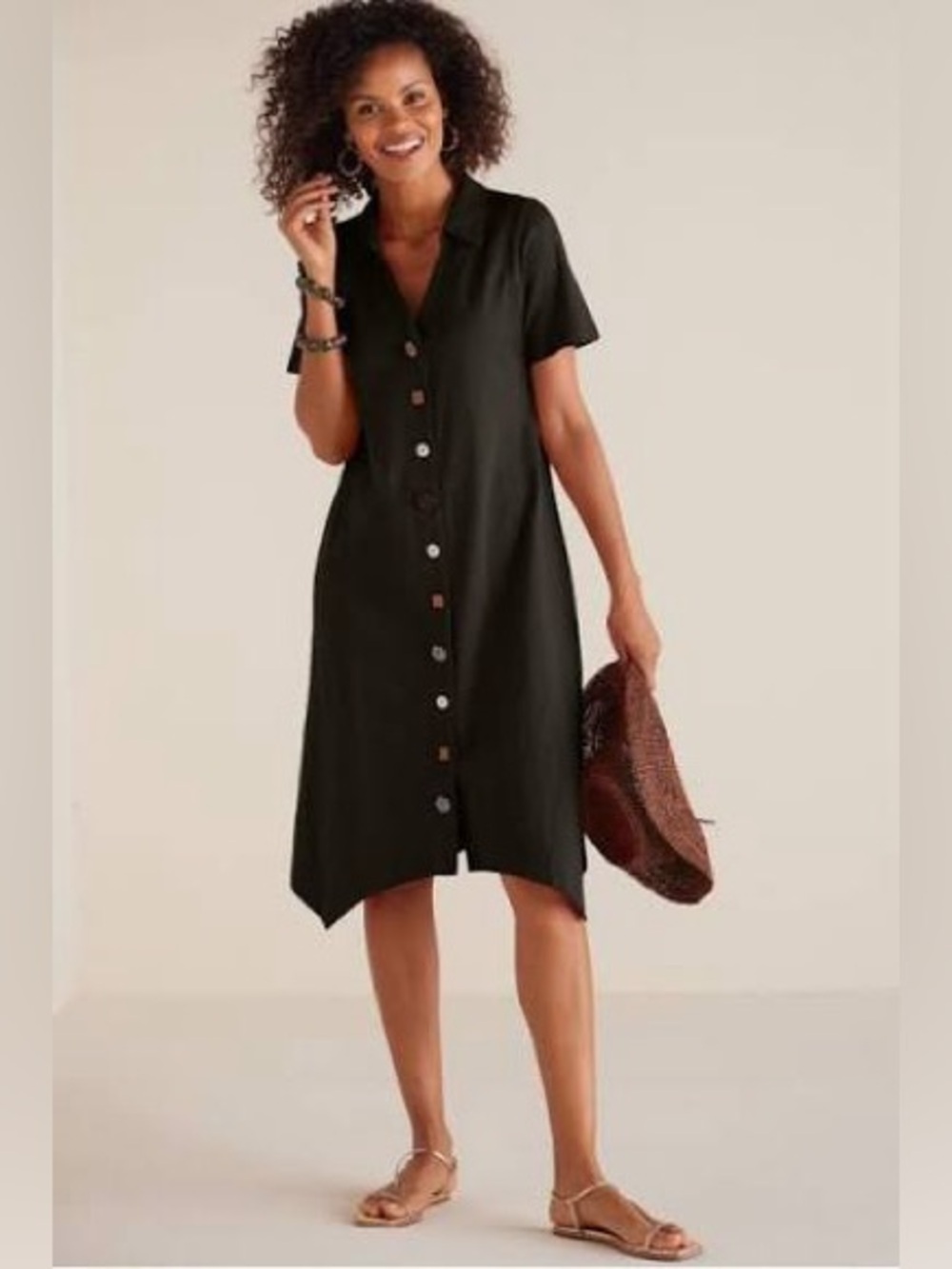 👁️🗨️Soft Surroundings Danielle Button Dress Black Cotton Slub Knit Artsy